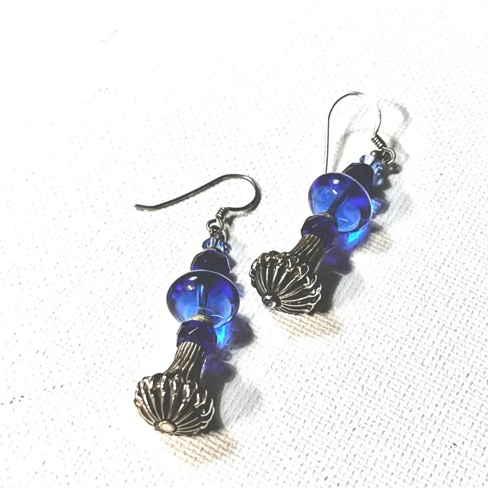 Cobalt Blue Glass & Silver-tone Beaded Pierced Earrings Handmade  2
